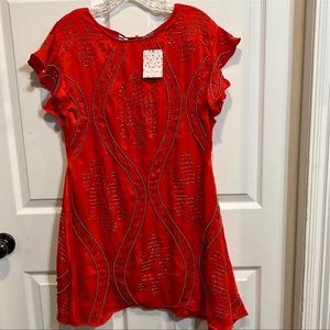 Free People NWT Beaded Embellished Red Boho Mini Dress Sz XS